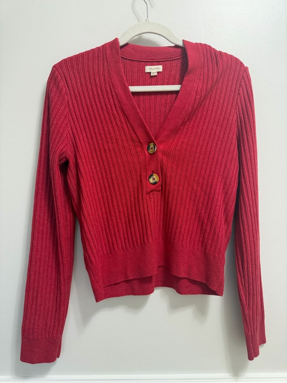 Pilcro Red Ribbed V-Button Knit Sweater - Picture 2 of 6
